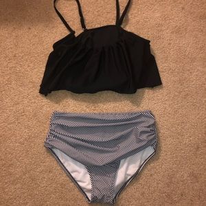 Black and White Striped Flounce Bikini Set